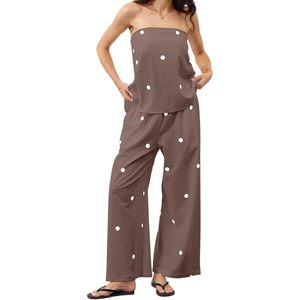 Conjunto de Verano para Mujer con Estampado de Lunares, Top sin Tirantes, Pantalones Anchos, Chifón Transpirable, Atuendo Casual para Vacaciones - Product Image 1