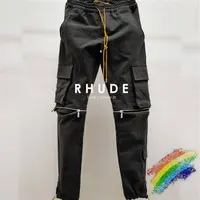 Siyah RHUDE pantolon erkek kadın 1:1 en iyi kalite çıkarılabilir hap fermuar İpli kargo çok fonksiyonlu flep cepler tulum