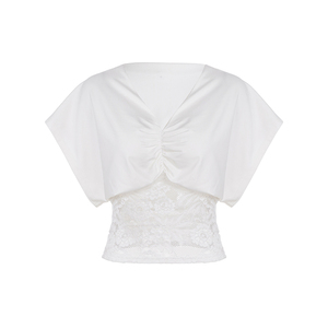 Camiseta Elegante de Manga Murciélago con Volantes y Estampado Digital Ecológico para Mujer - Top de Color Liso con Cuello en V y Cintura Fruncida - Product Image 6