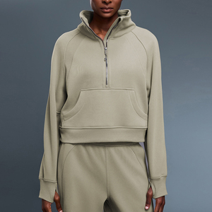 Sweat à capuche demi-zip en mélange de coton durable pour femme, coupe oversize, molleton épais, écologique, tenue de sport d'hiver - Product Image 1