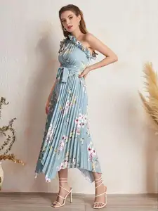 New Design 1 Shoulder Party Belted Pleated Dress Asymmetrical Hemline Floral Dress Women Dresses-