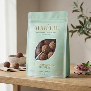 Sachet personnalisé imprimé à huit soudures latérales, refermable avec fermeture éclair, fond plat et fenêtre, de qualité alimentaire, pour bonbons et chocolats - Product Image 2
