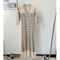 Sandro robe printemps et été nouveau français Slouchy femmes robe mode rayé robe en tricot col en V Slim-fit MIDI jupe