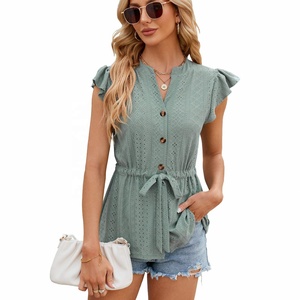 <span class=keywords><strong>T</strong></span>-<span class=keywords><strong>shirt</strong></span> ample à boutons et lacets en dentelle de couleur unie pour femmes, filles, printemps et é<span class=keywords><strong>t</strong></span>é 2025 - Product Image 2