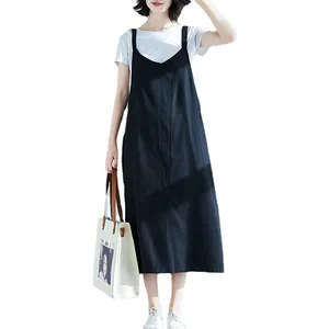 Korean version of retro sweet and cute casual loose large size mid-length sleeveless cotton and linen strap suspender dress