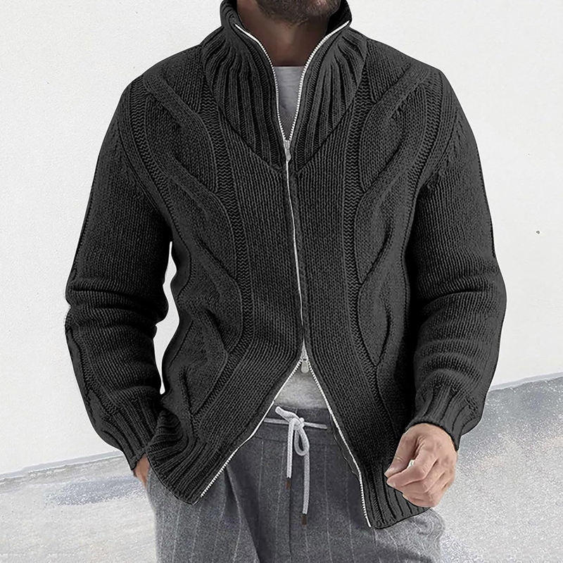 Black Double Zipper Ribbed Sweater Jacket