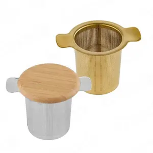 Saringan teh emas Premium dengan tutup penutup bambu pegangan ganda untuk digantung pada teko, mug, cangkir untuk curam kopi teh daun longgar