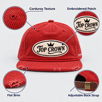 Casquette de baseball snapback unisexe urbaine ajustable en velours côtelé côtelé personnalisée en usine, avec visière vieillie et patch brodé sur le devant, vente en gros