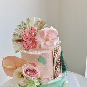Honey And Sweetness Chinese Style Cake Decoration Acrylic Fan Wooden Insert For Wedding Cake Topper - Product Image 1