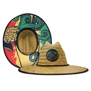 Natuurgras Sombrero Brede Rand Surfen Badmeester Strohoed Custom Zomer Natuurlijke Strohoed Voor Mannen Met Logo