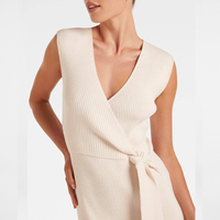 OEM-Robes élégantes pour femmes, couleur unie, blanc crème, col en V, robe midi tricotée avec ceinture