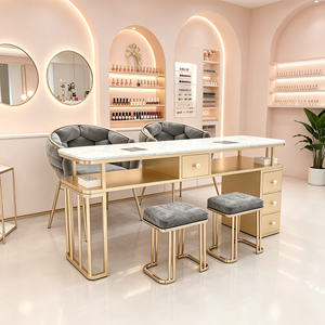 Table de manucure de luxe en métal doré avec plateau en marbre, poste de travail pour technicien des ongles, bureau de travail avec tiroirs de rangement pour salon de beauté - Product Image 5