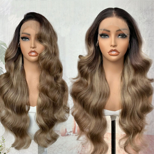 Pelucas sintéticas con encaje frontal, 13*6, parte suiza libre, pre-arrancadas, largas, rizadas, con ondas sueltas, raíz negra, color lino, rubias - Product Image 1