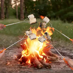 Outil de barbecue d'extérieur Fourchette télescopique en forme de U en acier inoxydable pour barbecue Bâton de rôtissage pour hot-dog et guimauve Brochettes fumées