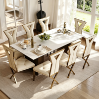 Table à manger rectangulaire moderne avec plateau en verre trempé, pieds en métal incurvé doré, table à manger minimaliste pour la salle à manger à domicile