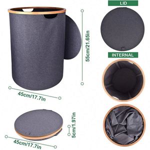 Hot-selling Round Collapsible Bamboo Frame Soft Cotton Fabric Dirty Clothes Organizer <b>Laundry</b> Storage <b>Hamper</b> with Lid - Product Image 3