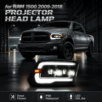 Kit de phares LED à trois lentilles pour Dodge RAM 09-18, avec bande argentée DRL et clignotant ambre, fabrication Nafu