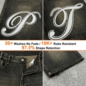 Custom Vintage Acid <b>Wash</b> Screen Print Denim Jorts Knee Length Hip Hop Rhinestone Distressed Mens Shorts Jeans OEM Cut and Sew - Product Image 2