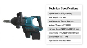 3150Nm Heavy Duty Brushless Cordless Impact Wrench Ultra High <b>Torque</b> Complete Battery Wrench <b>Set</b> for Shipyard Mining Repair - Product Image 4