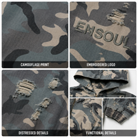 Blouson Bomber Streetwear Personnalisé Effet Usé et Déchiré Camouflage Entier avec Capuche Zippée, Broderie Grille Ripstop et Ourlet Élastique