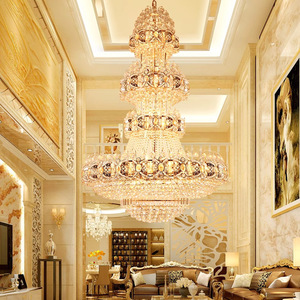 Lustre en cristal doré à LED en acier inoxydable, suspension E26 3500K blanc chaud avec télécommande pour plafond de villa et salon - Product Image 1