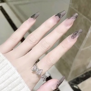 Faux ongles à presser carrés en ABS, motif écossais foncé, forme trapèze longue, finition givrée rose, pour salon de manucure - Product Image 3