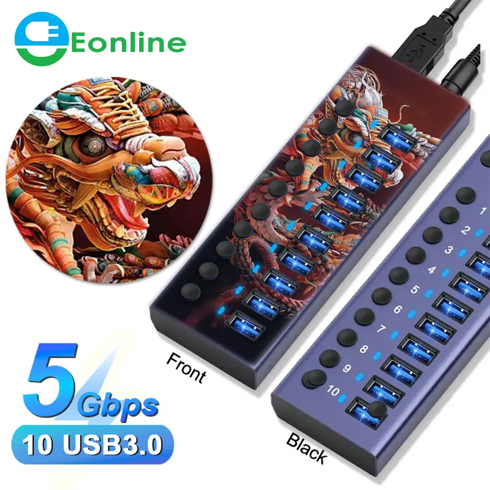 EONLINE3D 4/7/10 Ports USB 3.0 Hub Multi USB Splitter with Switch Power Adapter Multiple Expander for Laptop Accessories MacBook