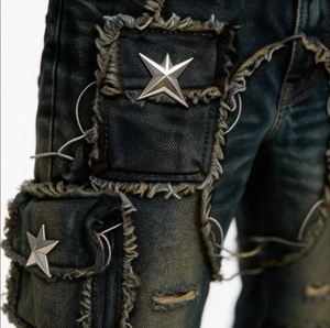 Pantalones de mezclilla Wangsheng <span class=keywords><strong>para</strong></span> <span class=keywords><strong>hombre</strong></span>, corte regular, cintura media, lavado oscuro, pierna ancha, desgastados, con bolsillos cargo, detalles de estrellas, longitud completa - Product Image 5