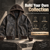 Blouson Bomber Homme Personnalisé en Similicuir Délavé Vintage avec Capuche, Fermeture Éclair, Effet Vieilli, Imperméable, Style Streetwear