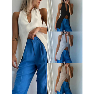 Gilet mi-long tricoté pour femmes, Sexy, coupe basse, dos nu, sans manches, débardeurs blancs, <span class=keywords><strong>col</strong></span> en <span class=keywords><strong>V</strong></span>, épaules dénudées, <span class=keywords><strong>col</strong></span> licou, gilet à la mode, tricot - Product Image 3