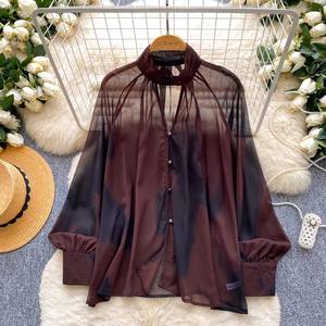 Blus Kasual Wanita Lengan Panjang Kerah Tinggi Bahan Mesh, Kemeja Polos Wanita, Atasan Manis Wanita, Pakaian Wanita Grosir - Product Image 1