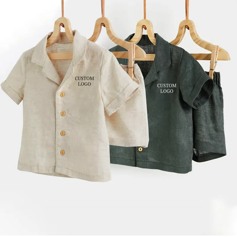 مجموعات قصيرة صيفية للأطفال من قطعتين قميص بأزرار مخصص ملابس استرخاء أساسية شورت ملابس كاجوال مقاس كبير طقم من الكتان من قطعتين للأطفال