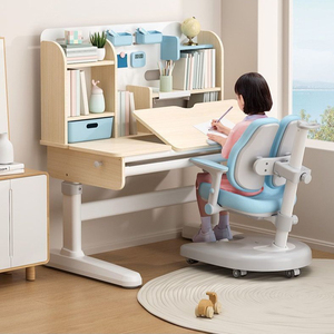 Bộ bàn học sinh tiểu học bằng gỗ có giá sách và ngăn kéo, có thể điều chỉnh chiều cao - Product Image 1