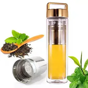 Eco-Friendly Double Walled Borosilicate Glass Water Bottle Fruit Infuser Tumbler Bottle With Easy Carry Lid