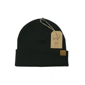 Hat For Winter Custom Logo High Quality Premium Merino Wool Rib Knit Toboggan Ski Winter Beanie Toque Hat With Patch