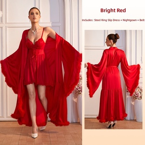 2-teiliges Satin-Nachtwäsche-Set für Damen mit Federbesatz, langer Robe, Unterwäsche mit Schnürung und Taillengürtel, 2 Farben, S-L - Product Image 6