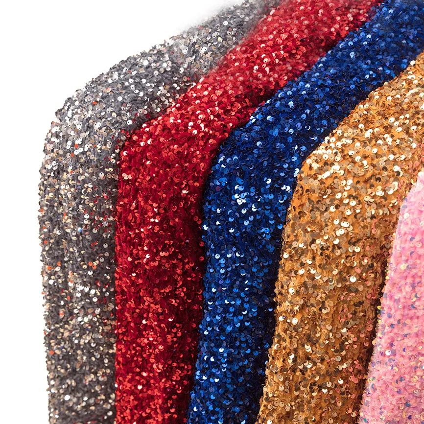 Stock Sale 5mm Shiny Multi-color Sequin Velvet Fabric Fashion 3D Embroidery Holographic Sequin Fabric