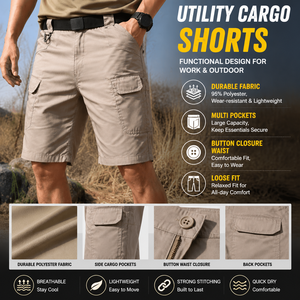 Pantalones Cortos Cargo para Hombre, Color Sólido, Tela Oxford, Secado Rápido, Cintura Media, con Bolsillos, Estilo Ropa de Trabajo, Largo Bermuda - Product Image 2