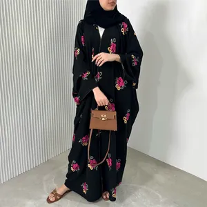 Custom design open abaya wholesale black abaya with pink flower embroidery