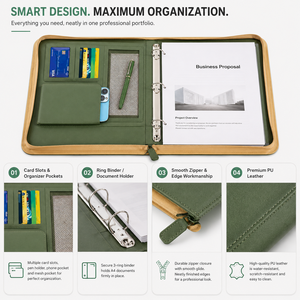Portafolio de Cuero Sintético Premium A4 con Cierre, Carpeta con Anillas y Bolsillo de Malla para Teléfono en Verde para Reuniones de Negocios - Product Image 6