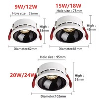 Plafonniers LED encastrés en nid d'abeille 9W 12W 15W 18W 20W 24W AC90-260V COB en aluminium, spot lumineux CRI 98