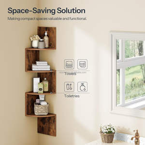 رف زاوية خشبي ريفي مبتكر من 4 طبقات، ديكور منزلي، رفوف معلقة على الحائط لغرفة المعيشة وغرفة النوم والحمام - Product Image 4