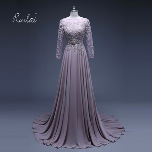 RUOLAI PEV-L3014 özel dantel Rhinestone aplike ile kemer uzun kollu tül elbise mor abiye uzun - Product Image 1