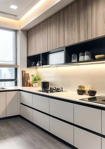 Ensemble d'armoires de cuisine modernes et minimalistes sur mesure avec finition en bois grainé gris brillant pour étagères ouvertes et éclairage LED - Product Image 6
