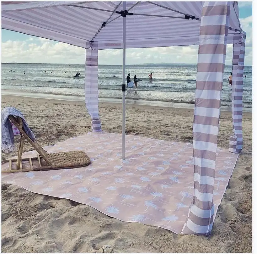 BR Customized Print Beach Blanket Outdoor Poly Canvas Mat Center Hole Beach Throw Sand Proof   Waterproof For Cool Cabana Tent