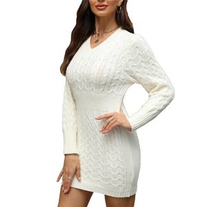 Robes d'automne tricotées pour femmes, personnalisées en gros, style doux et épicé, sexy, moulantes, à col en V, torsadées, mini-robes enveloppantes à la taille - Product Image 3