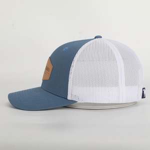Custom High Quality 6 Panel 112 Cap Style Cotton Structured Mesh Trucker <b>Hat</b> With <b>Leather</b> Patch Logo - Product Image 3