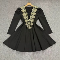 Robe Courte Sexy Femme Printemps-Été, Mini-Robe Bandage à Manches Longues, Col en V, Dentelle, Nœud Croisé sur le Devant, Coupe Évasée, pour Soirée