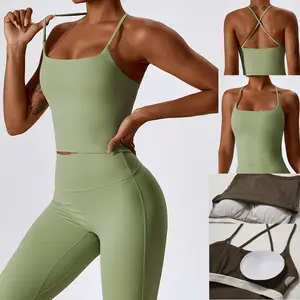 2023 tùy chỉnh in logo Womens Tank Top đầy đủ chiều dài TOP deportivo tập thể dục Yoga vest cho phụ nữ với xây dựng trong độn áo ngực