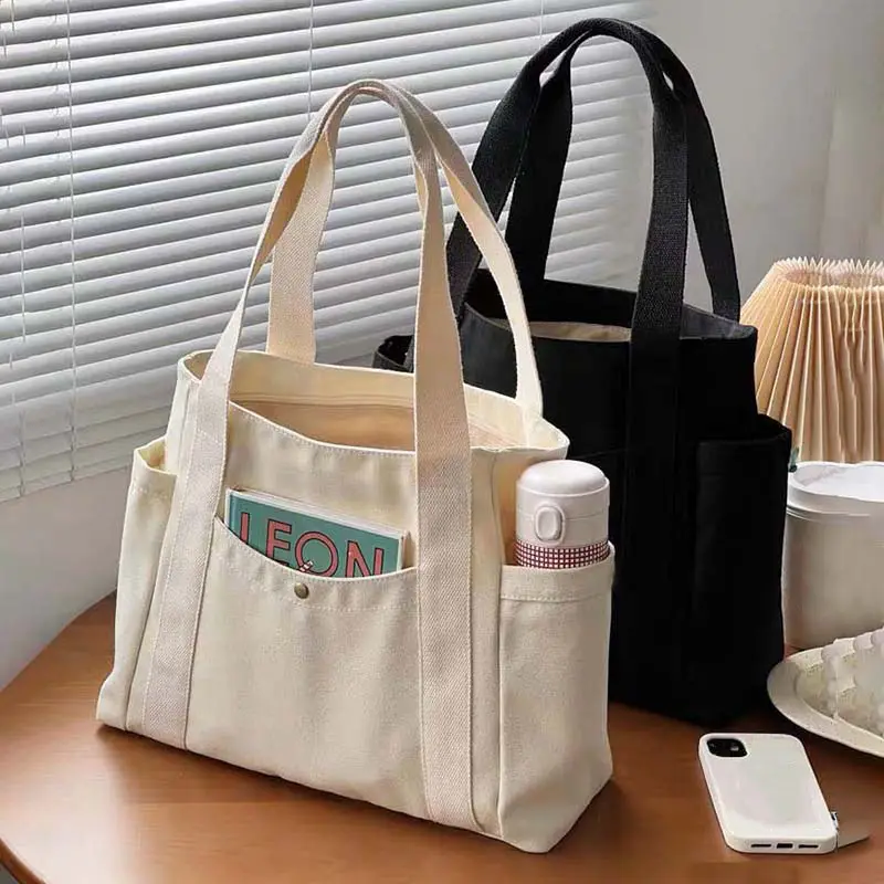 Sacola de compras em tela para estudantes, sacola de compras com logotipo impresso personalizado em cores para viagens, grande capacidade e bolsos, com logotipo personalizado